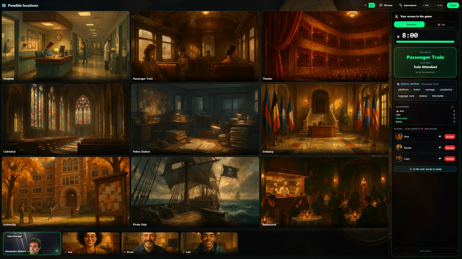 Tela do SpyTalk com tabuleiro de lugares, câmeras e painel do jogo